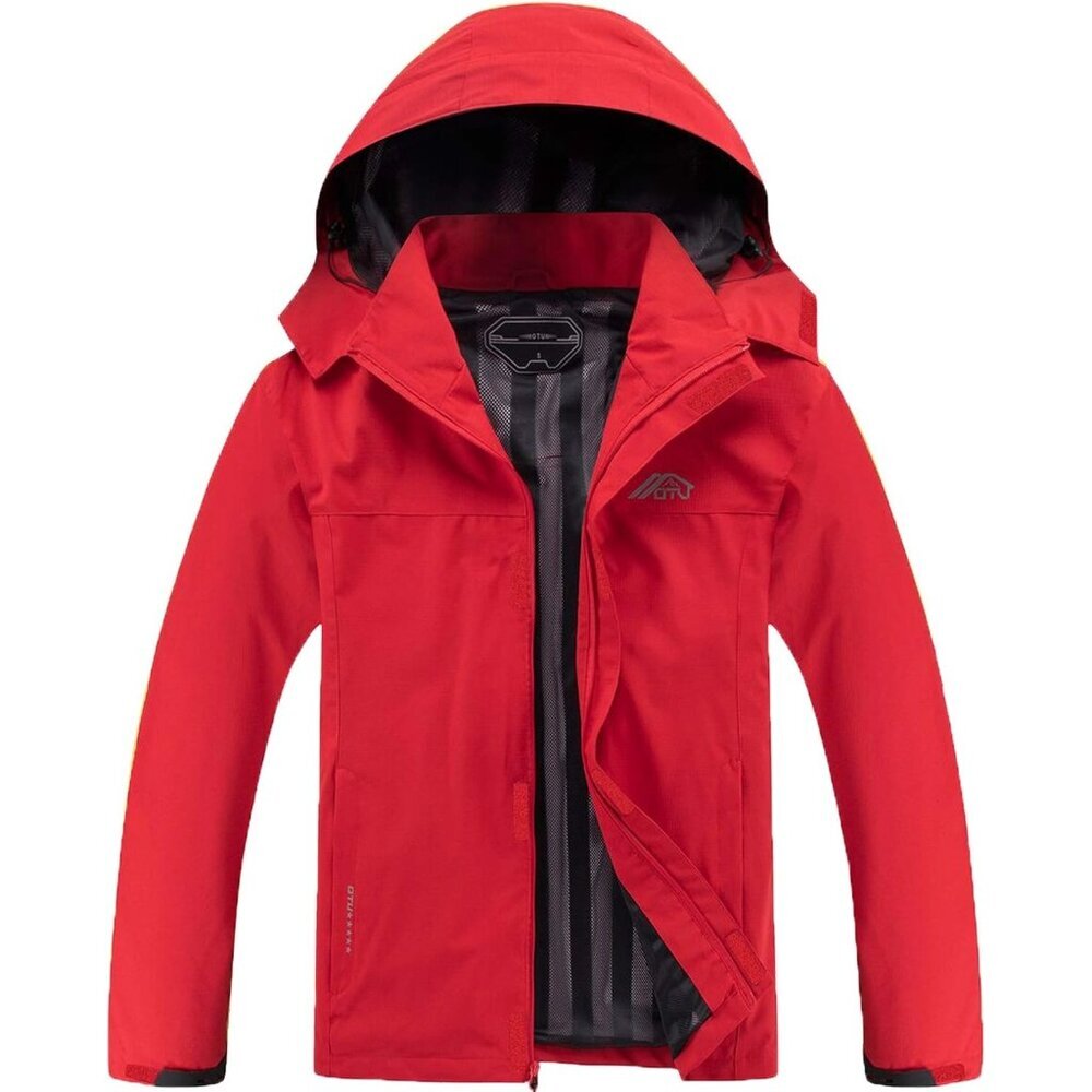 Mens Red Lightweight Waterproof Hooded Rain Jacket Outdoor Hiking Shell